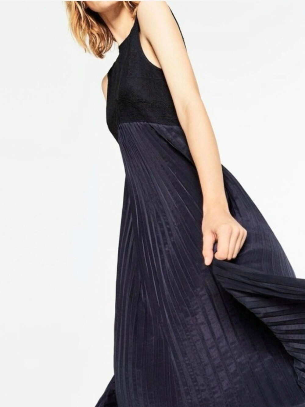 Zara Basic Collection Pleated Midi Dress Mesh Lace Top Cut Out Back Dark Blue S